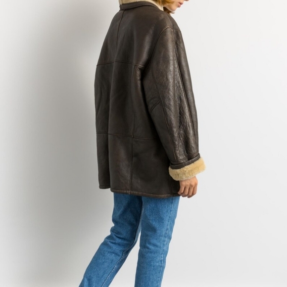 80s Western Sheepskin Coat, Size L Brown Shearling Coat Vintage Leather Jacket - Picture 9 of 16